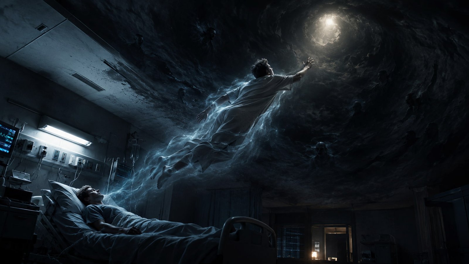 Representação visual dos elementos comuns de uma experiência de quase morte: luz, túnel e sensação de paz profunda.