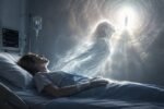 Pessoa em estado de consciência expandida durante uma experiência de quase morte, observando o próprio corpo de cima.