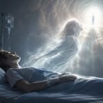 Pessoa em estado de consciência expandida durante uma experiência de quase morte, observando o próprio corpo de cima.