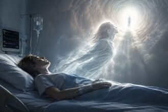 Pessoa em estado de consciência expandida durante uma experiência de quase morte, observando o próprio corpo de cima.