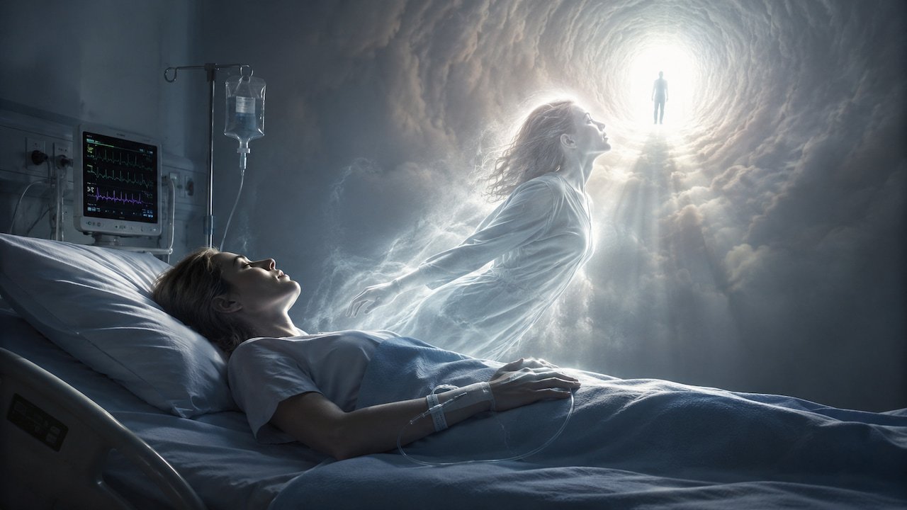 Pessoa em estado de consciência expandida durante uma experiência de quase morte, observando o próprio corpo de cima.