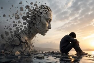 A Parte da Morte do Ego Que Ninguém Te Conta 9 Pessoa diante de um espelho que reflete uma versão expandida de si mesma, representando a morte do ego e a continuidade da consciência individual.