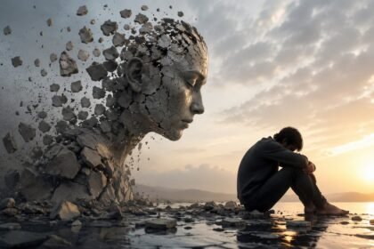A Parte da Morte do Ego Que Ninguém Te Conta 7 Pessoa diante de um espelho que reflete uma versão expandida de si mesma, representando a morte do ego e a continuidade da consciência individual.
