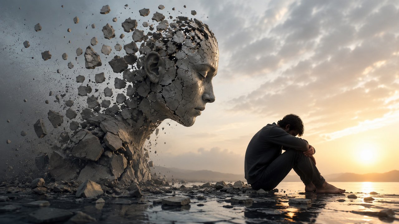 Pessoa diante de um espelho que reflete uma versão expandida de si mesma, representando a morte do ego e a continuidade da consciência individual.