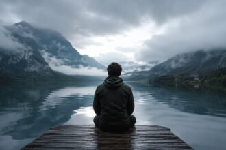 Pessoa sentada sozinha às margens de um lago enevoado na montanha, simbolizando a noite escura da alma e uma profunda transformação espiritual.