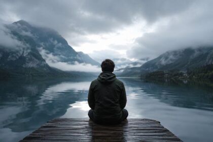 Pessoa sentada sozinha às margens de um lago enevoado na montanha, simbolizando a noite escura da alma e uma profunda transformação espiritual.