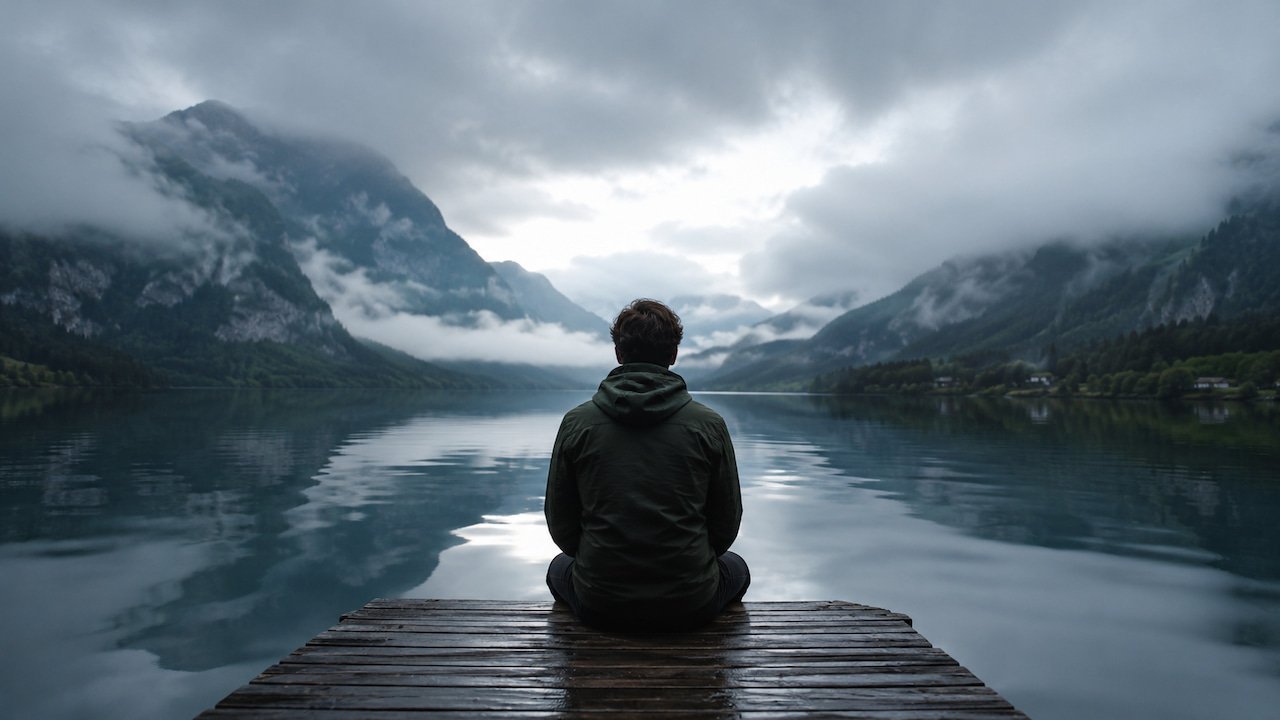 Pessoa sentada sozinha às margens de um lago enevoado na montanha, simbolizando a noite escura da alma e uma profunda transformação espiritual.