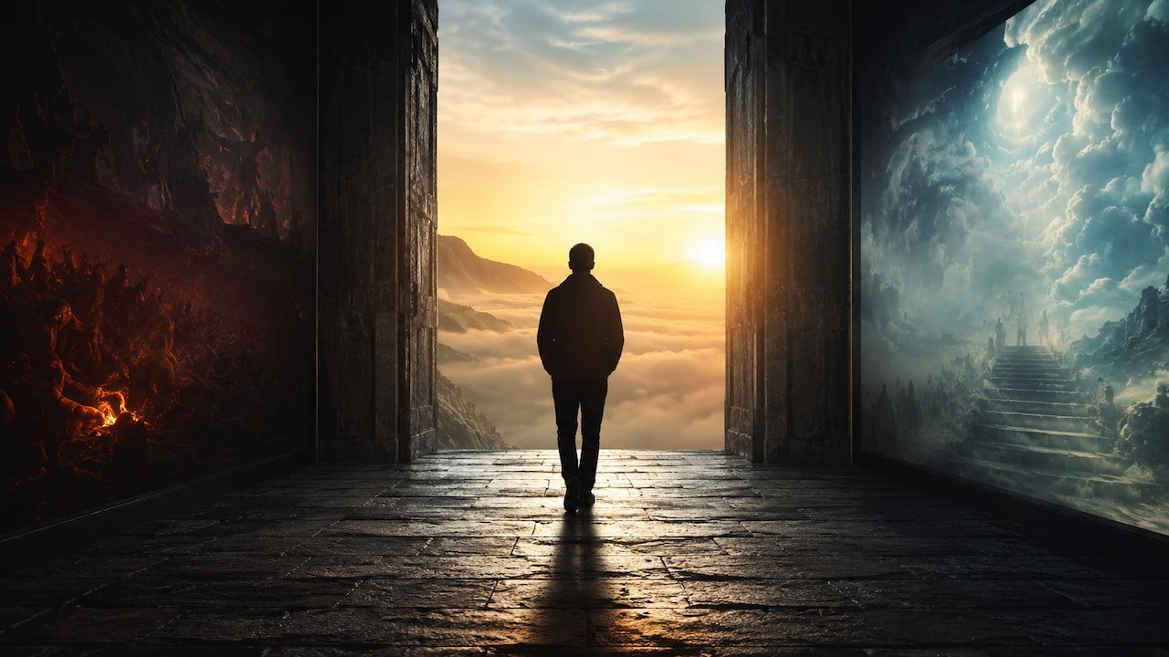 Figura contemplando o horizonte ao entardecer, simbolizando a pergunta sobre o que acontece depois da morte.
