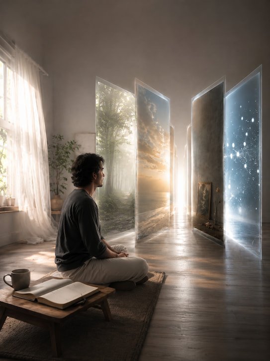 Homem sentado ao lado de portas flutuantes de floresta, oceano, luto e estrelas durante um momento de despertar espiritual.