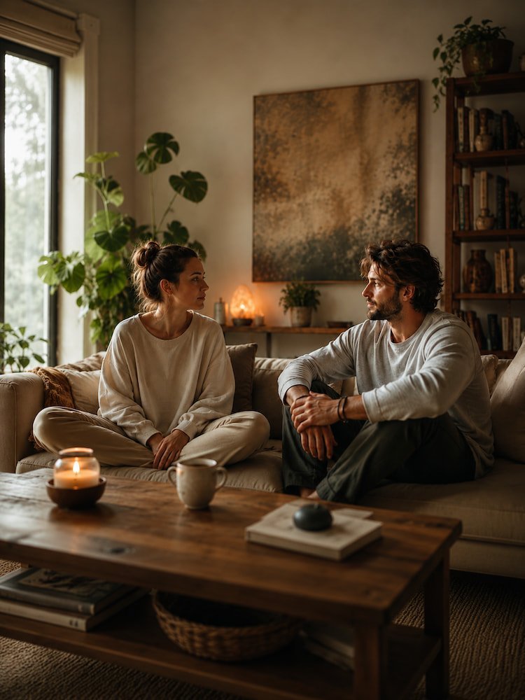 Casal em sala silenciosa conversando sobre se os relacionamentos sobrevivem a um despertar espiritual juntos.
